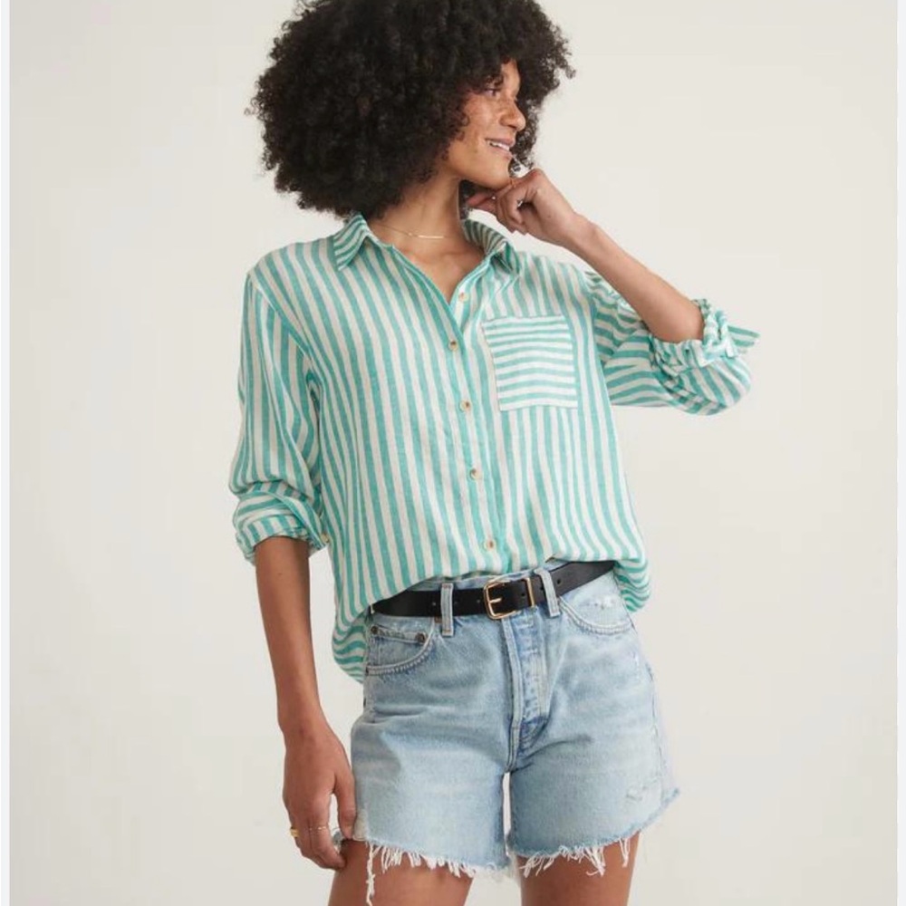 Marine Layer Abbey Button Down in Green/white stripes Size XS tencel/linen - Picture 6 of 7